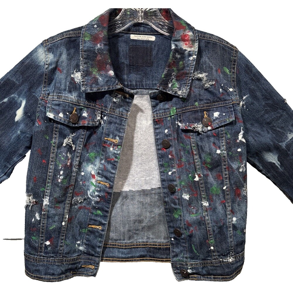 Jean Jacket Hand Painted Embellished Miami Cityscape Pocket One of A Kind - Picture 2 of 16